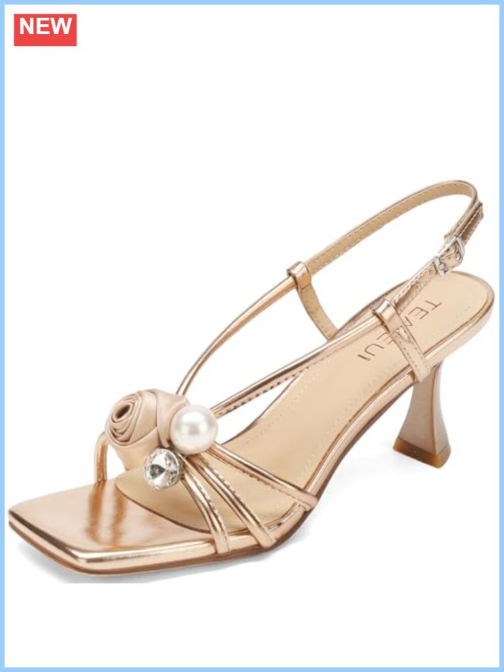 Kitten Heels Pearl Floral Detail Square Open Toe Ankle Strap Sandals